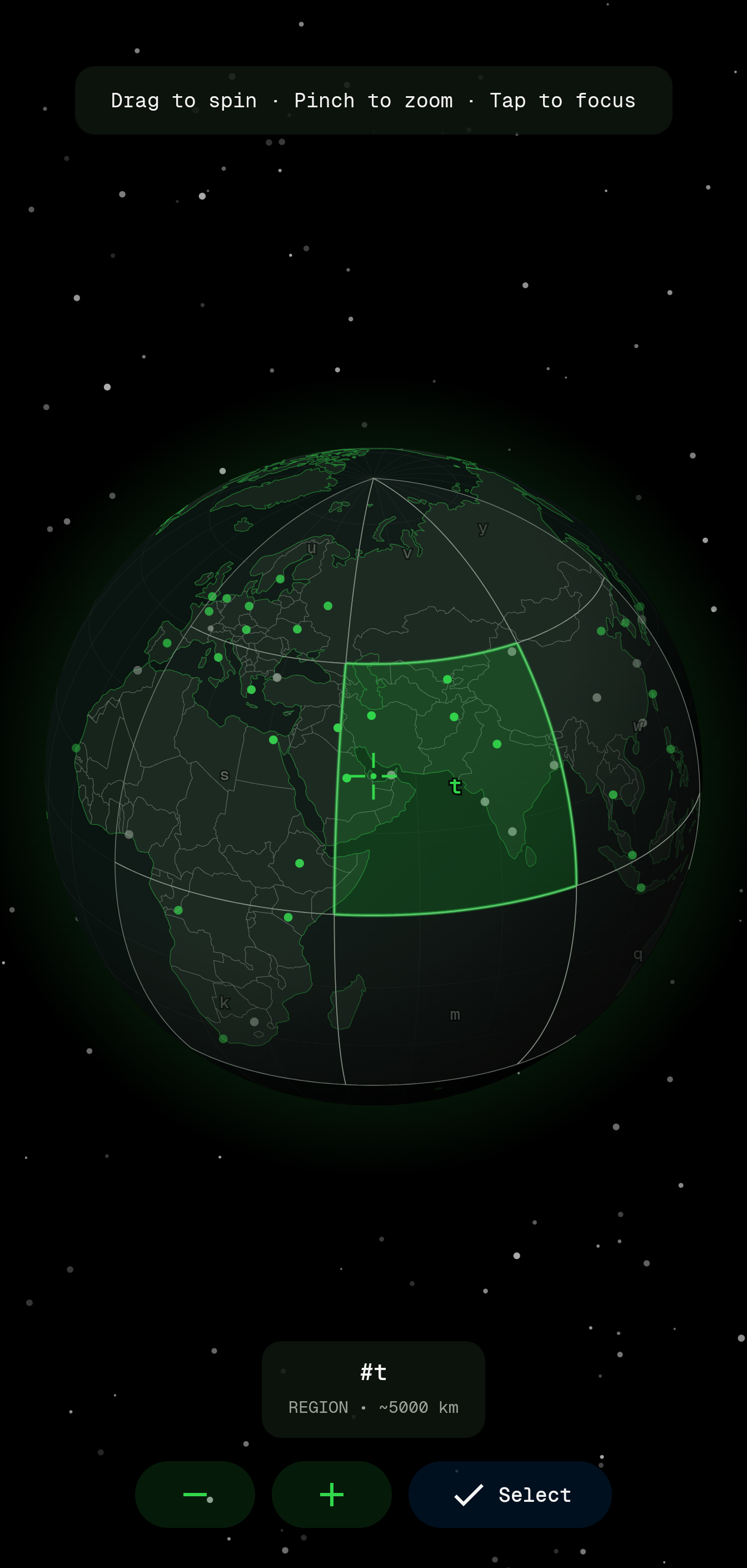 Sélecteur géographique Android de Bitchat affichant un globe et une zone geohash sélectionnée.